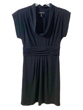 BCBGMaxAria Short Sleeve Cowl Neck Banded Waist Dress Draped Front Midi Length
